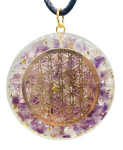 Flower Of Life Amethyst & Quartz Orgone Pendant 1 5/8"