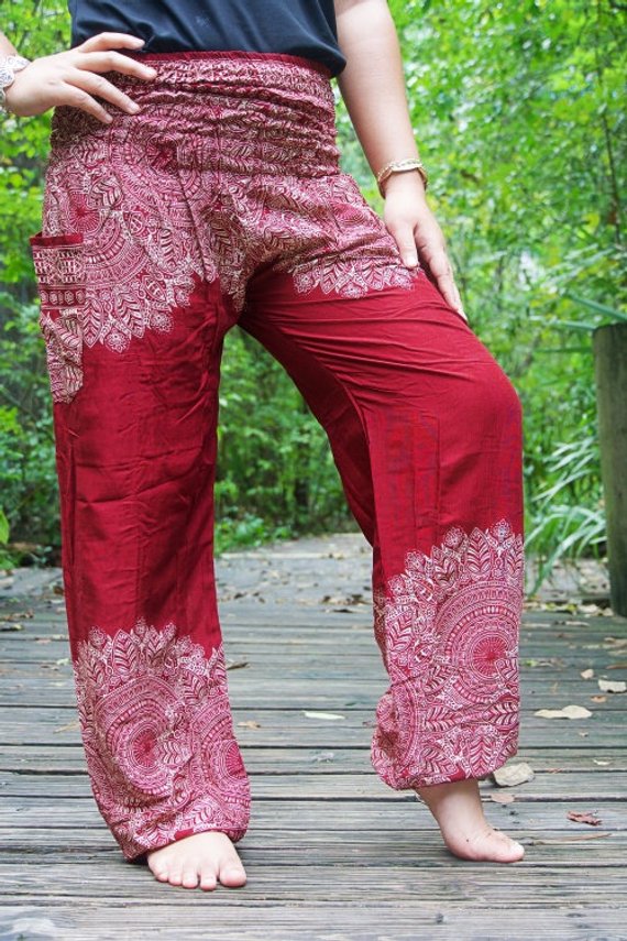 Burgundy Floral Women Boho & Hippie Pants - Pants