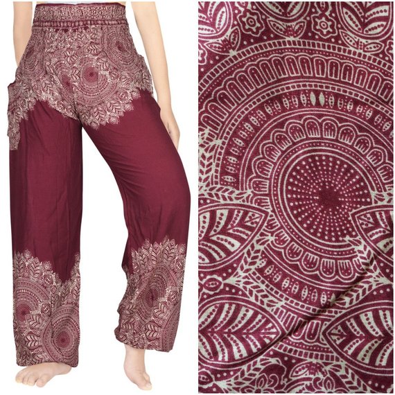 Burgundy Floral Women Boho & Hippie Pants - Pants