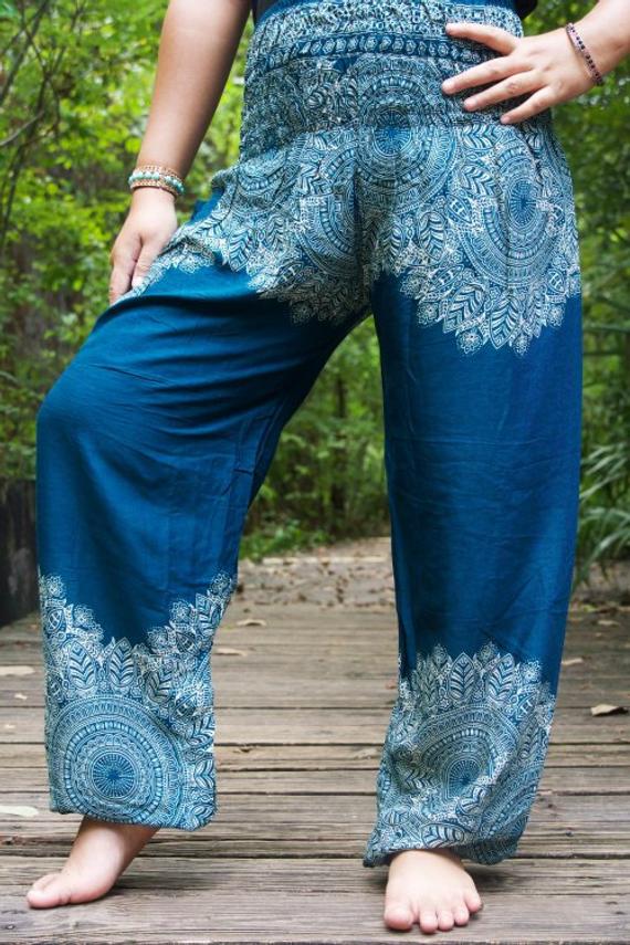 Teal Floral Women Boho & Hippie Pants - Pants