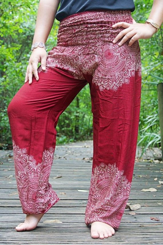 Burgundy Floral Women Boho & Hippie Pants - Pants